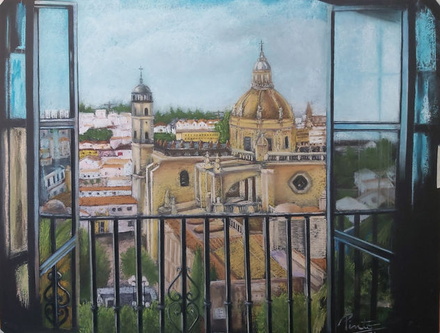 "CATEDRAL DE JEREZ DESDE EL BALCÓN " |  Pintura original al pastel Pastel Paper Landscaping