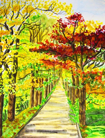 Autumn alley with yellow and red trees Acuarela Papel Paisaje