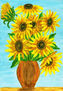 Bouquet of sunflowers in vase on light blue, acrylic on paper