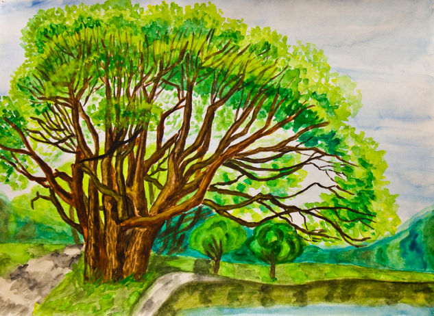 Summer landscape - one big willow tree Acuarela Papel Paisaje