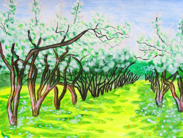 Spring landscape apple garden in blossom Acuarela Papel Paisaje