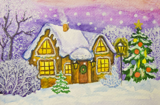 Christmas house watercolor painting Watercolour Paper Landscaping