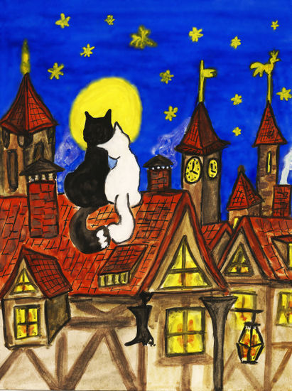 Two cats on the roof Gouache Paper Animals