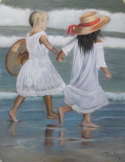 "NIÑAS EN LA PLAYA" Pintura al pastel.Original realizada a mano. Paisaje, marina, niñas de la mano Pastel Paper Marine Painting