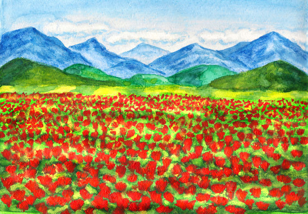 Meadow with red poppies 3 Acuarela Papel Paisaje