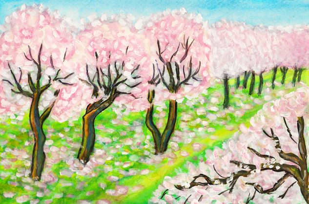 Pink garden in blossom Acuarela Papel Paisaje