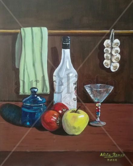 BODEGÓN CON BOTELLA BLANCA Acrylic Panel Still Life Paintings