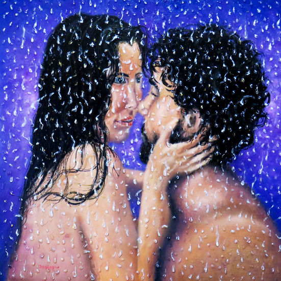 ''It's raining love!'' Oil Panel Figure Painting