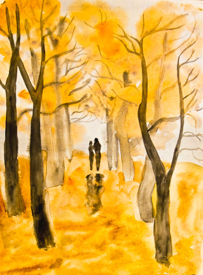 Couple on autumn alley Acuarela Papel Paisaje