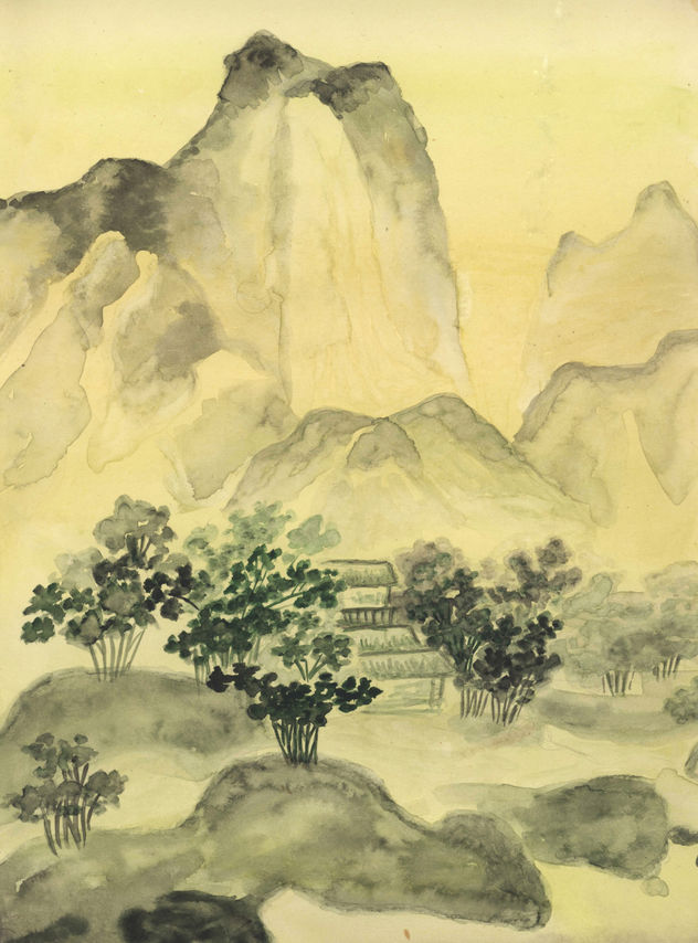 Landscape with hills in style of old Chinese art in grey colours.