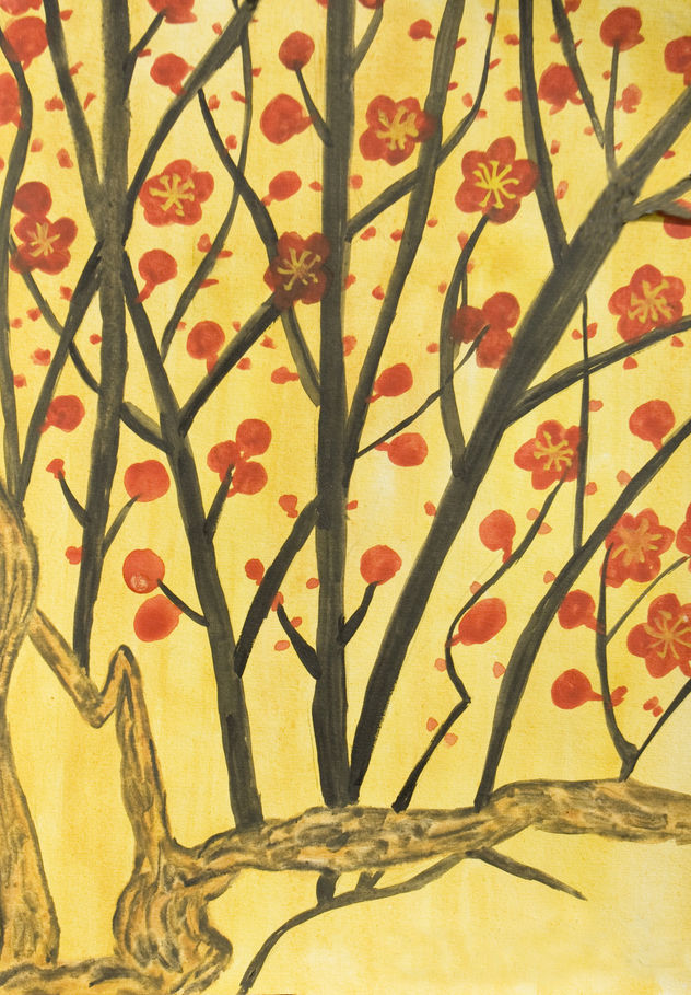 Black branches with red flowers