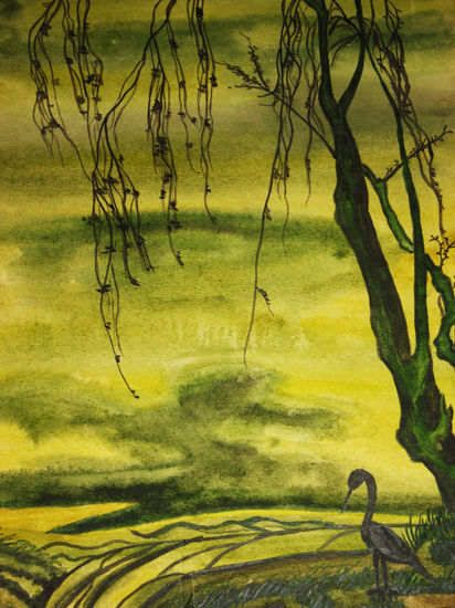 Bird with tree on green Watercolour Paper Animals