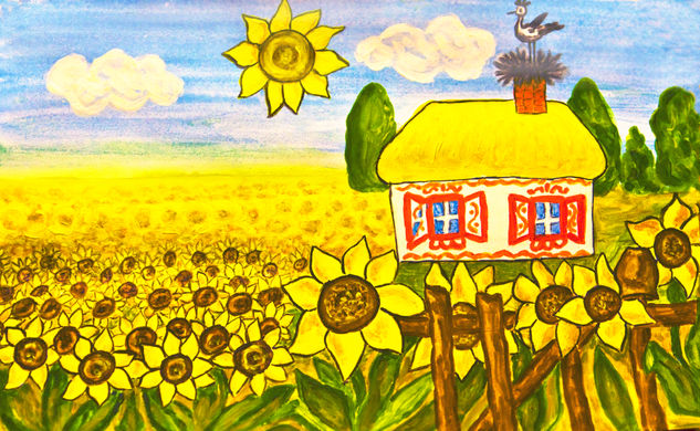 House with sunflowers (House in Ukraine) Acuarela Papel Paisaje