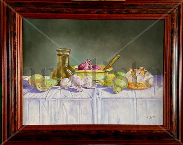 Bodegón de peras, cebollas,pan, etc. Oil Canvas Still Life Paintings