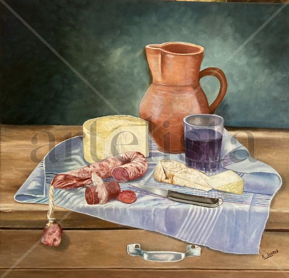 Bodegón de embutidos y queso Oil Canvas Still Life Paintings