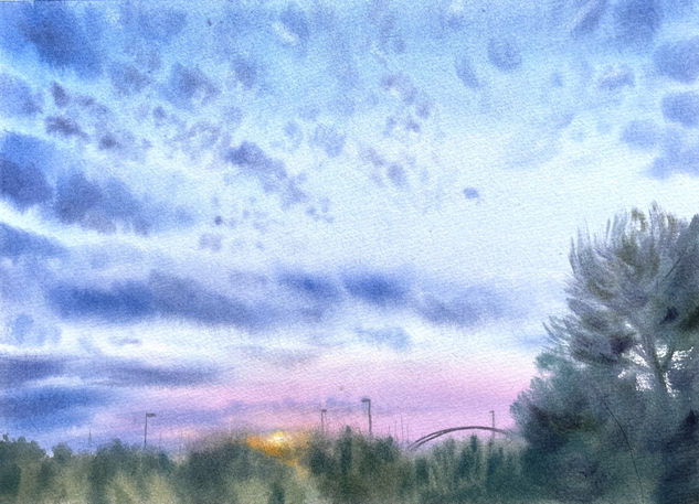 Amanecer en Zaragoza Acuarela Papel Paisaje