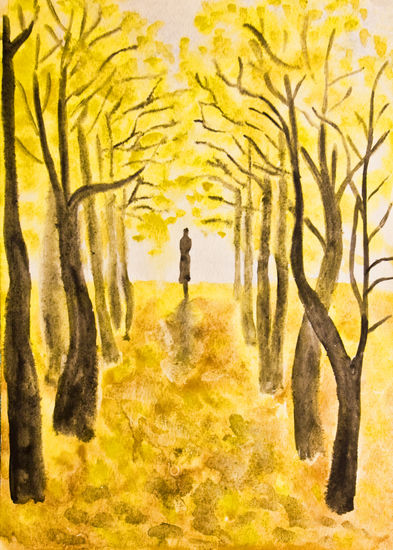 Woman on autumn alley Watercolour Paper Landscaping