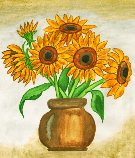 Bouquet of sunflowers in vase 3 watercolour Acuarela Papel Floral