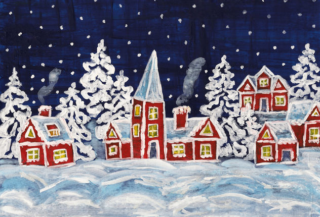 Winter landscape with red houses