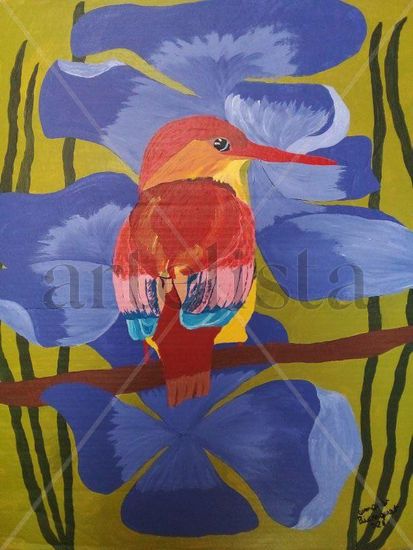 Pequeño pájaro con flores azules Acrylic Others Animals