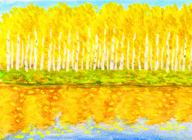 Yellow birch forest with reflection Watercolour Paper Landscaping