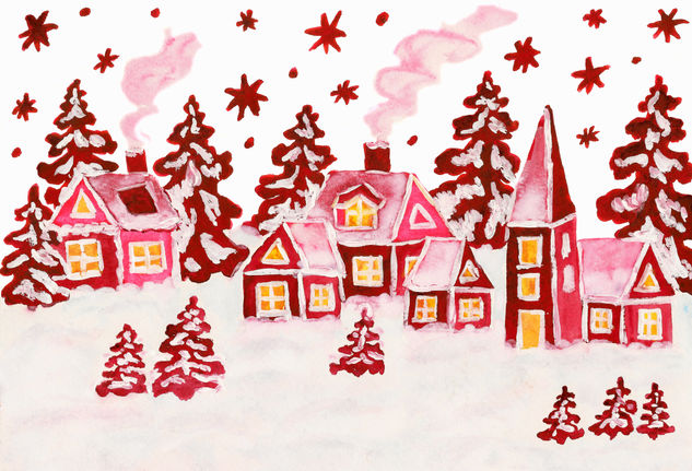 Winter landscape with crimson houses Acuarela Papel Paisaje