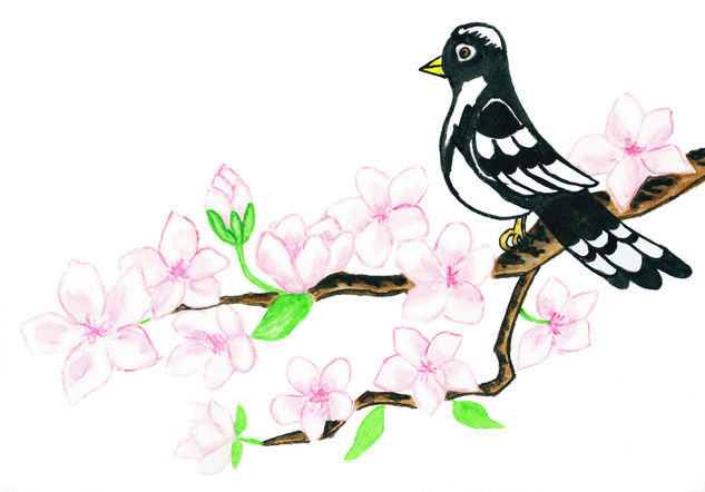 Bird on branch with pink flowers Acuarela Papel Animales