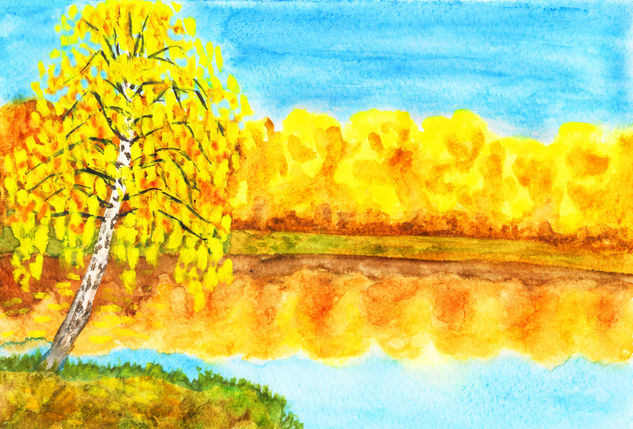 Autumn landscape with yellow birch near lake Acuarela Papel Paisaje