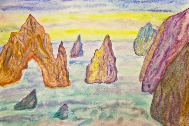 Colourful rocks in sea Watercolour Paper Marine Painting