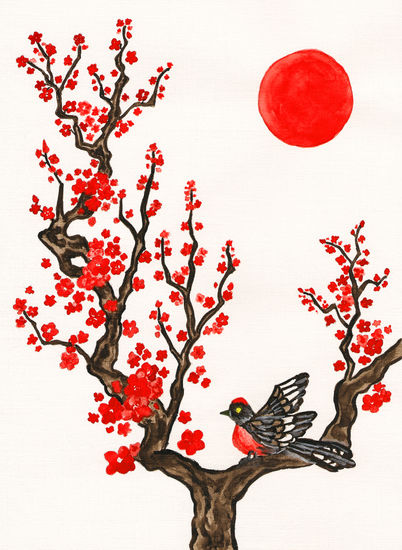 Bird on branch with red flowers vertical Watercolour Paper Animals