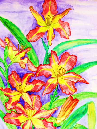 Pink-yellow lilies Acuarela Papel Floral