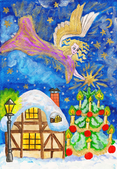 Angel with Christmas star Watercolour Paper Figure Painting