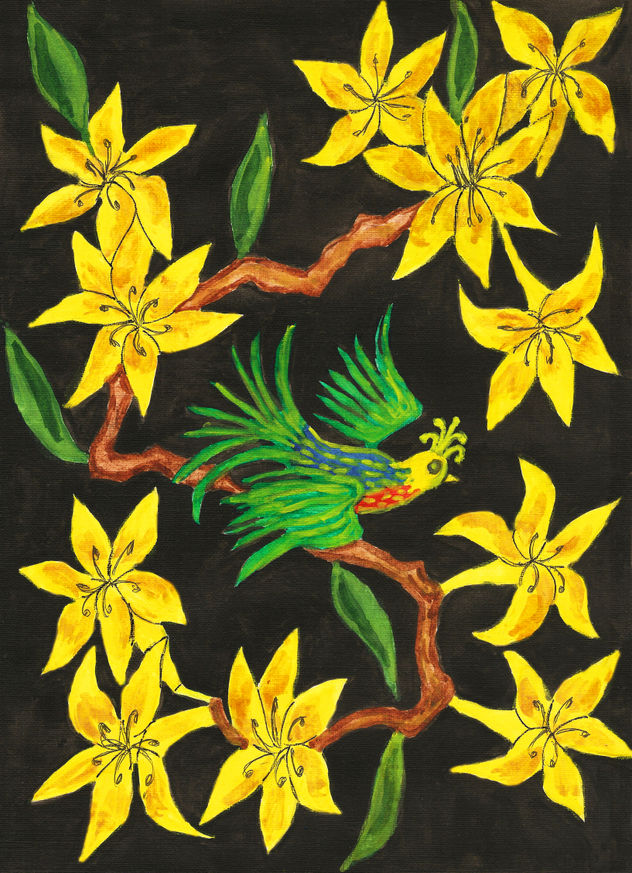 Green bird with yellow flowers on black