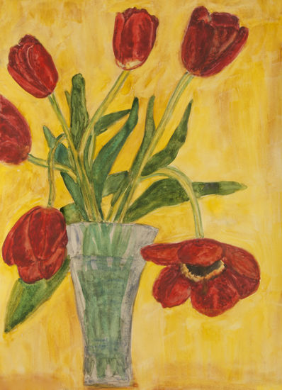 Red tulips in vase Watercolour Paper Floral Painting