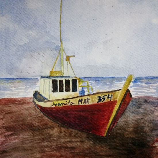 Barco de pezca en la playa Watercolour Card Landscaping