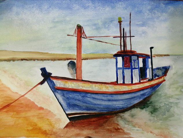 Barco de pezca en la orilla de la playa Watercolour Card Marine Painting