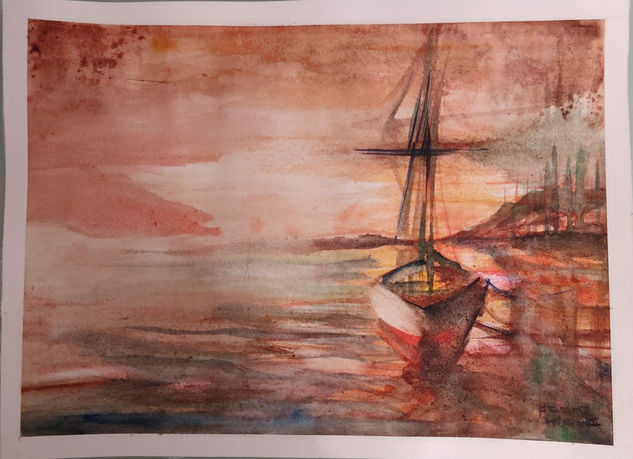 Barco al anochecer Watercolour Paper Marine Painting