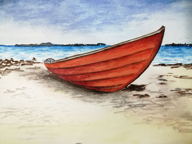 Barco en la playa Watercolour Card Marine Painting