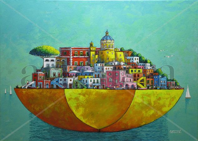 Corricella viaggio nel tempo Acrylic Textile Marine Painting