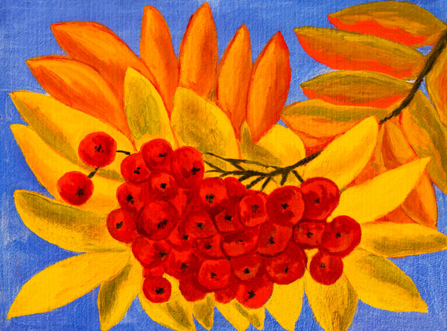 Rowan berries and autumn leaves on blue sky Oil Card Floral Painting