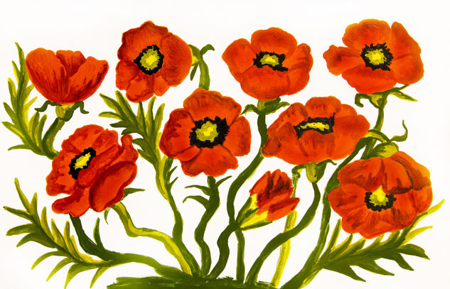 Red poppies on white Oil Paper Floral Painting