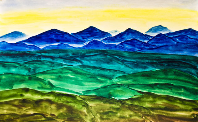 Dark blue hills on yellow sky Acuarela Papel Paisaje