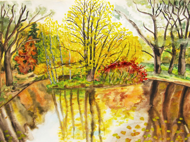 Autumn landscape with island Acuarela Papel Paisaje