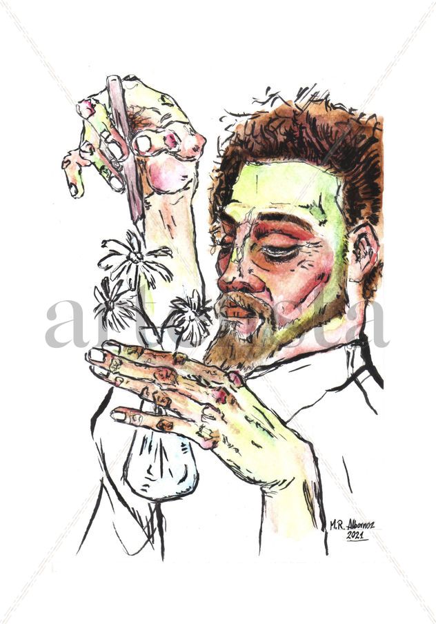 Hombre con malestar de rayas pintando una flor