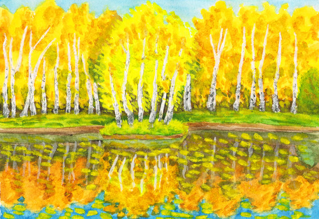 Island with birches, autumn Acuarela Papel Paisaje