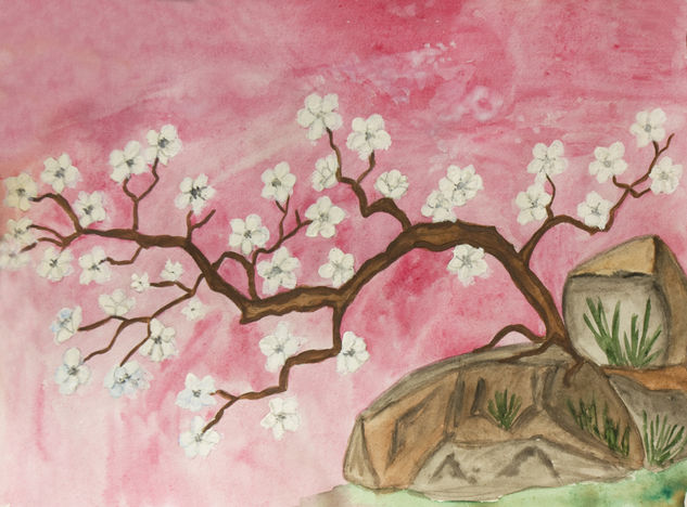 Little tree with white flowers on stone on pink background Acuarela Papel Paisaje