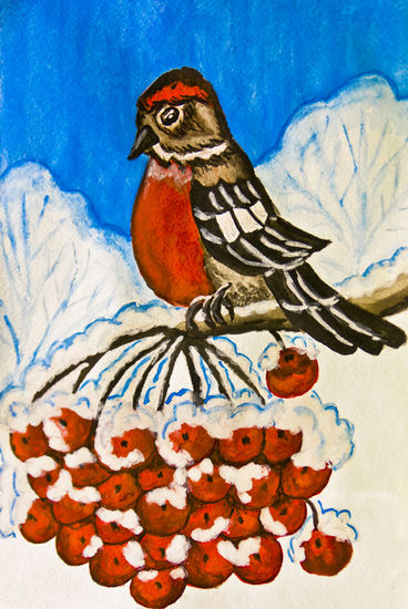 Bullfinch with rowan berries winter Gouache Paper Animals