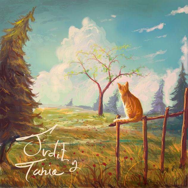 Ilustración Gato mirando el Paisaje