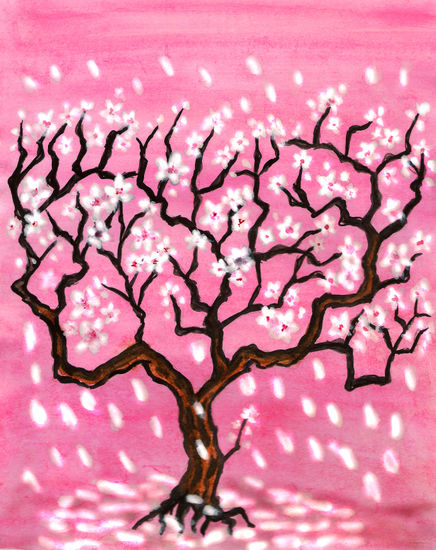 White tree in blossom on pink Acuarela Papel Paisaje