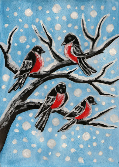 Few bullfinches on branch Gouache Papel Animales